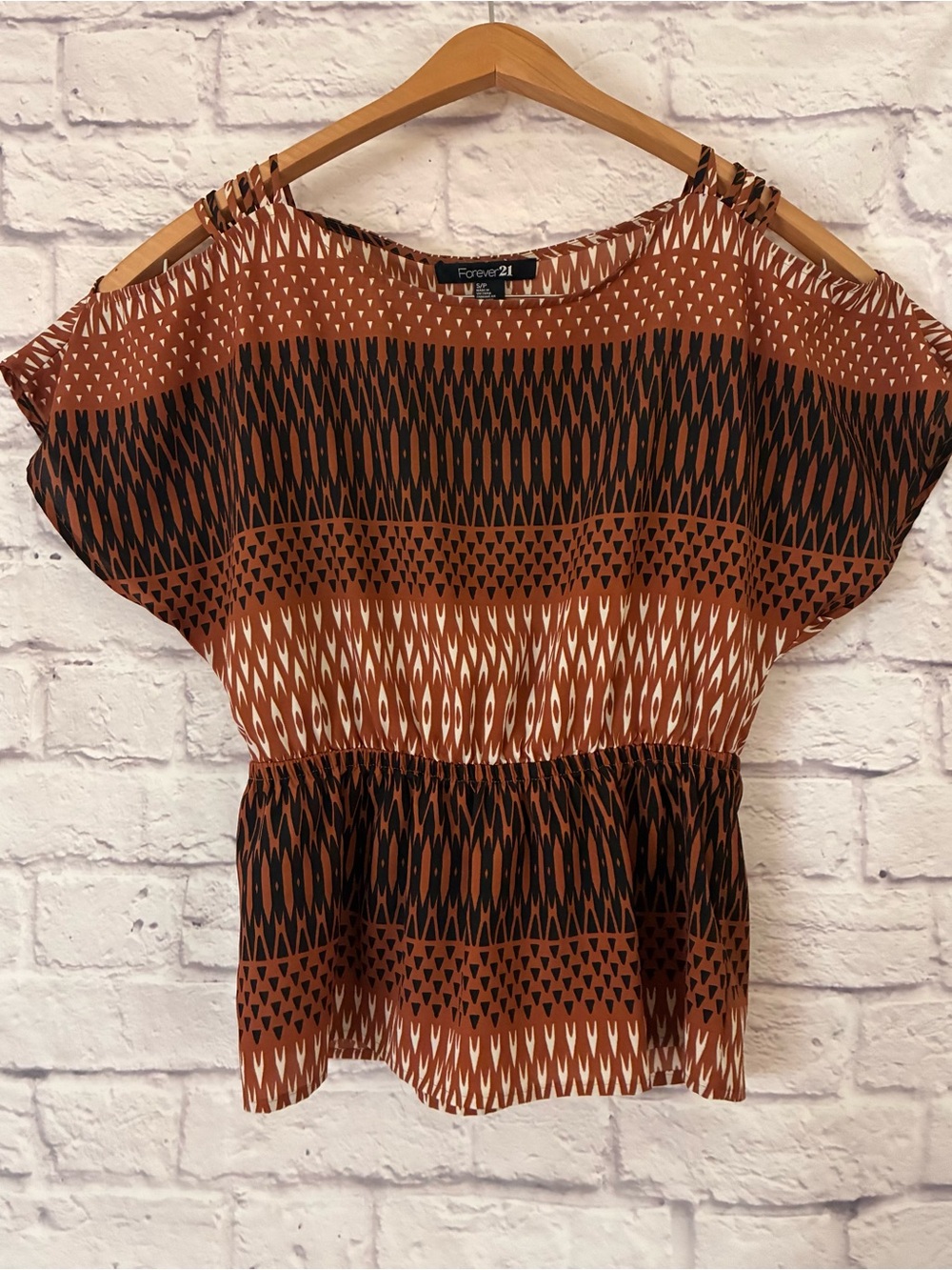 Forever 21 Vintage Rust Brown Patterned Peplum Top - Small